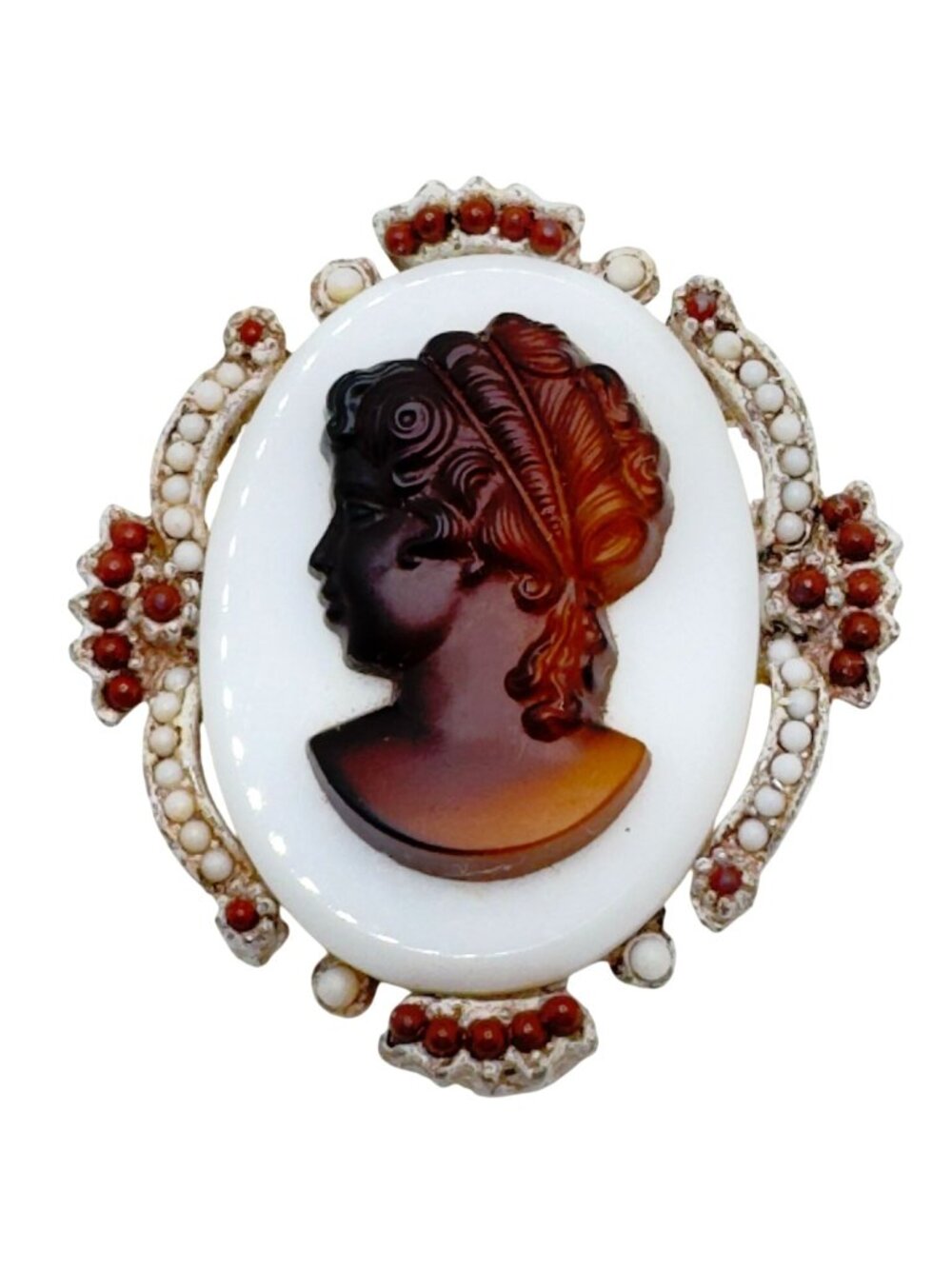 Vtg Root Beer Cameo Brooch Pendant Milk Glass Base Amber-Brown Profile Oval 2"